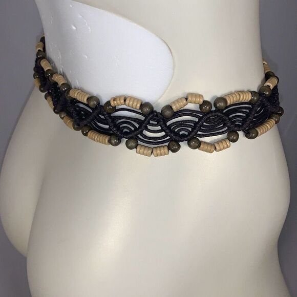 Vintage 00s y2k Woven Macramé Boho Brown Faux Leather Tie Rope Belt with Wooden - Picture 6 of 11